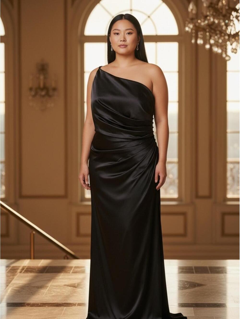 Galina Signature Black Satin One-Shoulder Formal Gown Size 18